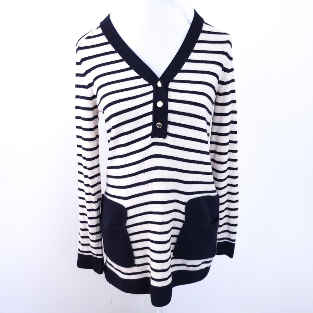 Tory Burch Striped Sweater Small Navy, Cream Wool Cashmere Model Blend, Vneck
